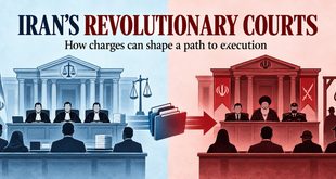 Illustration contrasting courts in Iran, with the title Iran’s Revolutionary Courts.